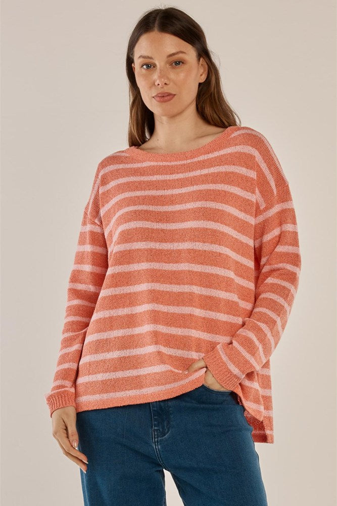 Image of a model wearing Tops. Product name - Bradford Knit Top Coral/Pink Stripe in Coral/Pink Stripe colour by brand - Betty Basics