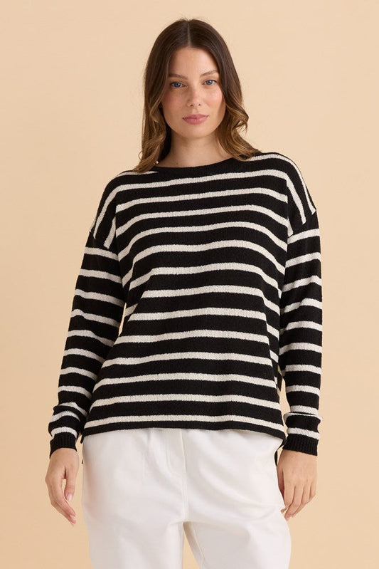 Image of a model wearing Tops. Productname: Betty Basics Bradford Knit Top Cream/Black in Cream/Black colour by brand - Betty Basics