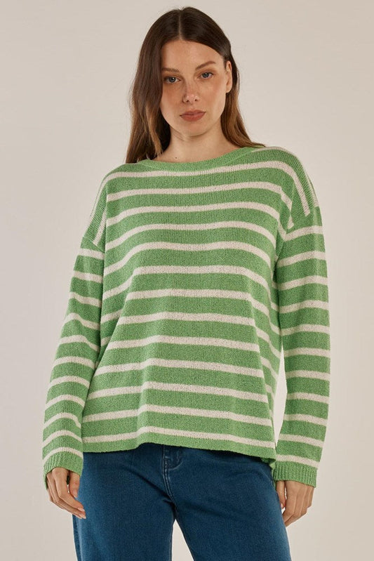 Image of a model wearing Tops. Productname: Betty Basics Bradford Knit Top Green/Cream Stripe in Green/Cream Stripe colour by brand - Betty Basics