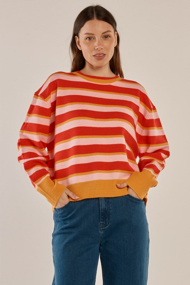 Image of a model wearing Outerwear. Productname: Betty Basics Leonie Knit Sweater Red/Pink Stripe in Red/Pink Stripe colour by brand - Betty Basics