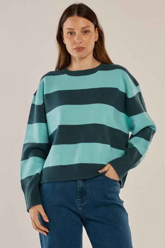 Image of a model wearing Outerwear. Productname: Betty Basics Leonie Knit Sweater Teal Green/Blue Stripe in Teal Green/Blue Stripe colour by brand - Betty Basics