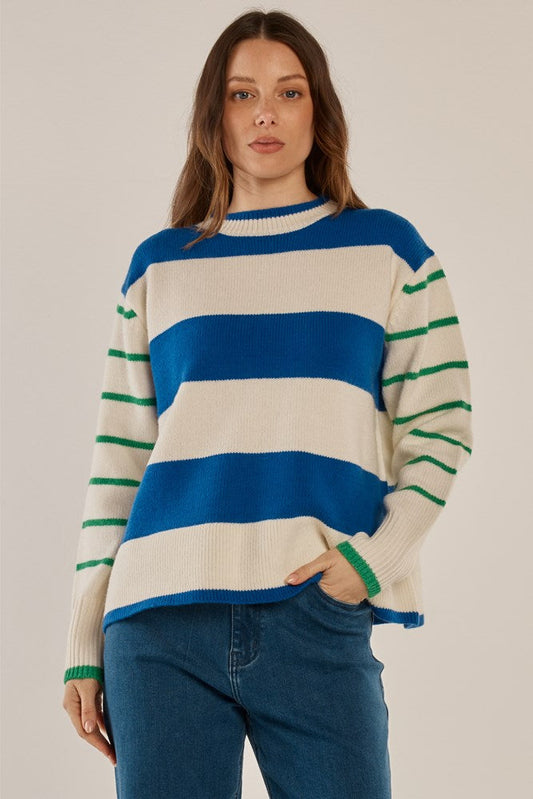 Image of a model wearing Outerwear. Product name - Camryn Knit Sweater Blue/Green Stripe in Blue/Green Stripe colour by brand - Betty Basics