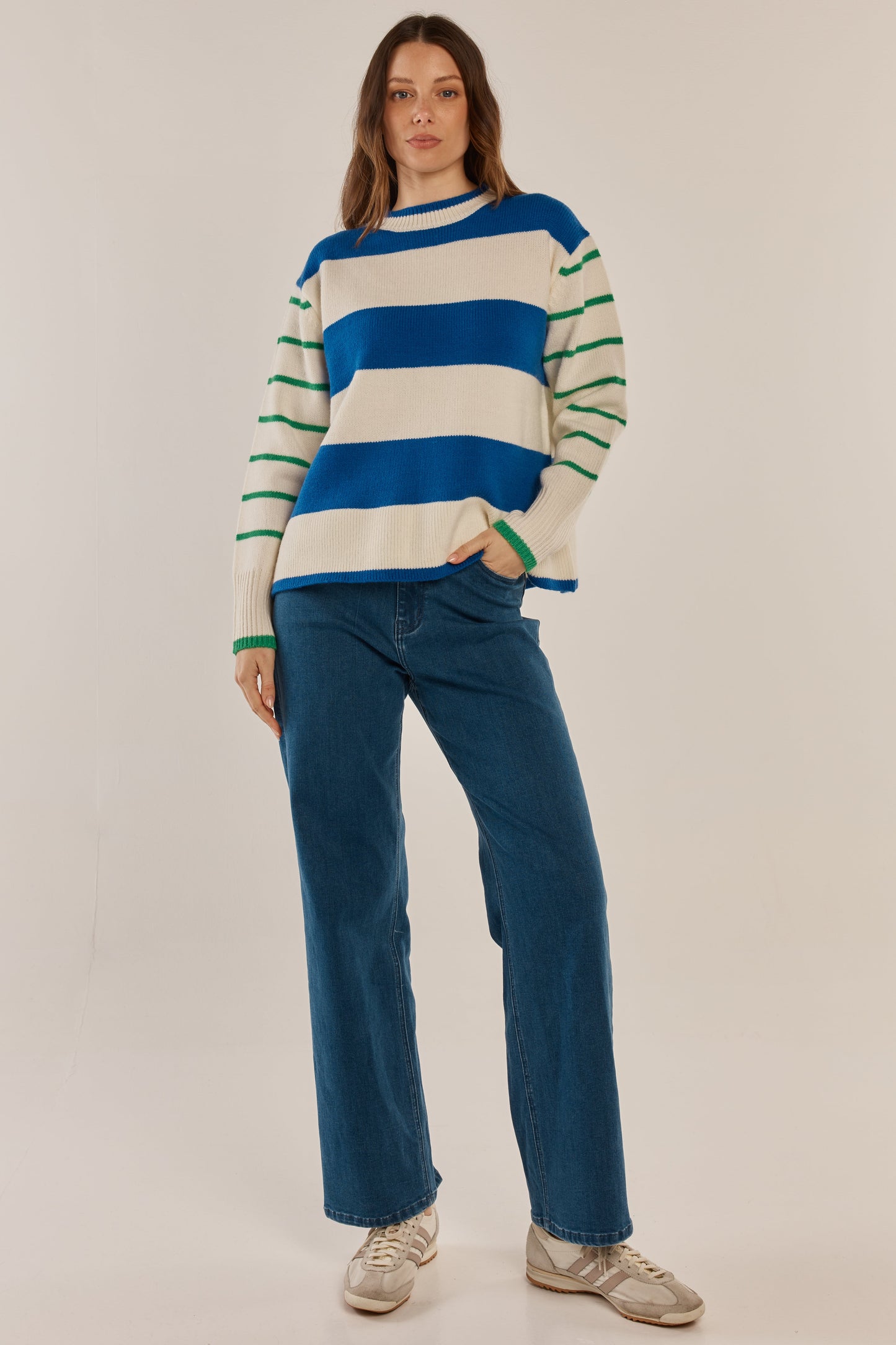 Betty Basics Camryn Knit Sweater (Blue/Green Stripe)