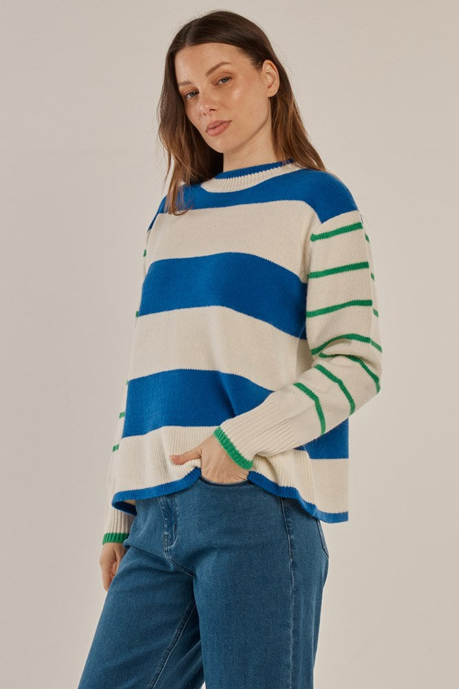 Betty Basics Camryn Knit Sweater (Blue/Green Stripe)
