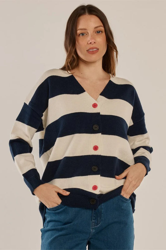 Image of Cardigans. Product name - Maybelle Knit Cardigan Navy/Off-White Stripe in Navy/Off-White Stripe colour by brand - Betty Basics