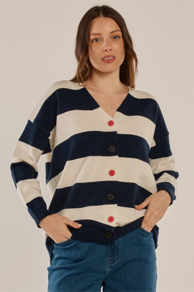 Image of Cardigans. Product name - Maybelle Knit Cardigan Navy/Off-White Stripe in Navy/Off-White Stripe colour by brand - Betty Basics