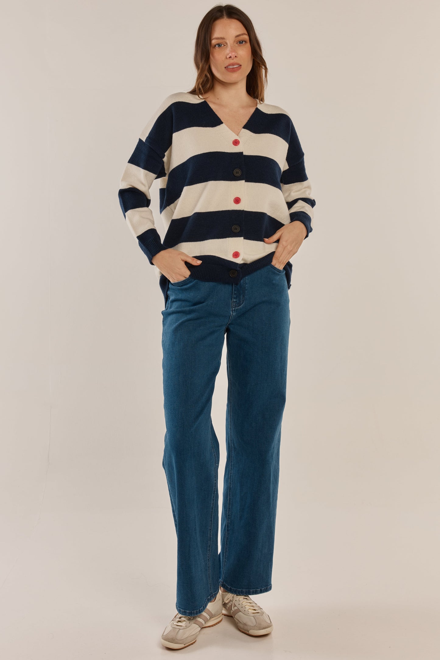 Betty Basics Maybelle Knit Cardigan- (Navy/Off-White Stripe)
