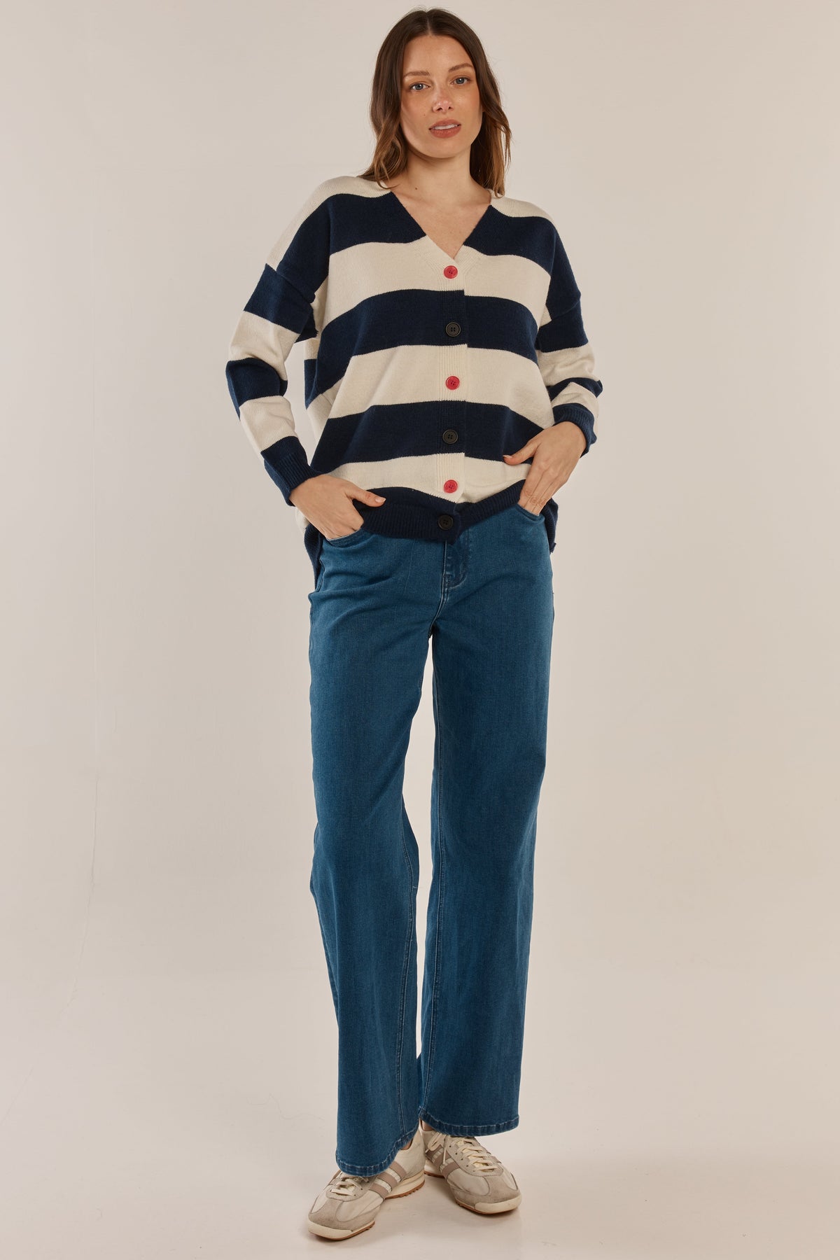 Betty Basics Maybelle Knit Cardigan- (Navy/Off-White Stripe)