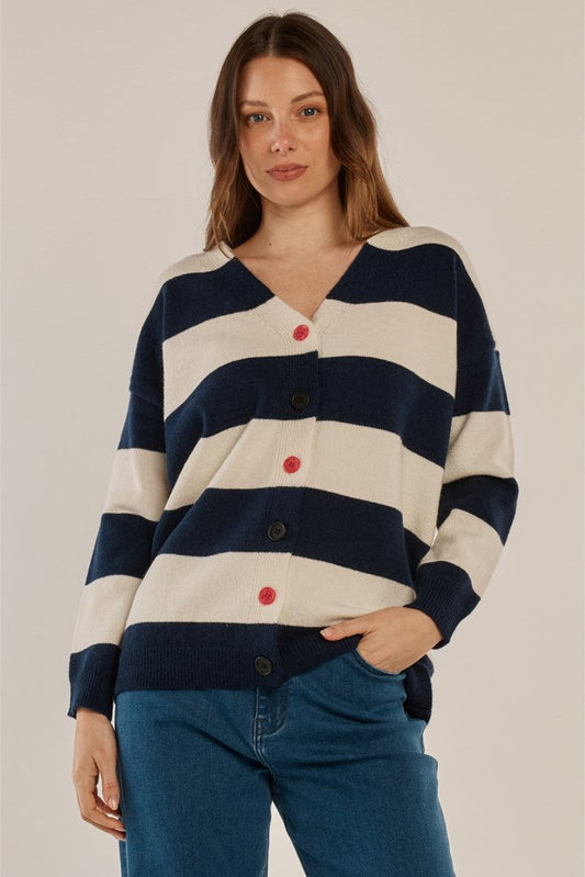 Betty Basics Maybelle Knit Cardigan- (Navy/Off-White Stripe)