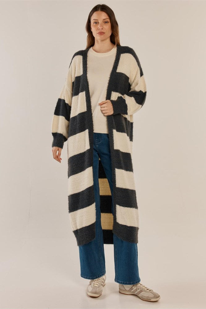 Image of a model wearing Outerwear. Product name - Franca Long Knit Cardigan Navy/White Stripe in Navy/White Stripe colour by brand - Betty Basics