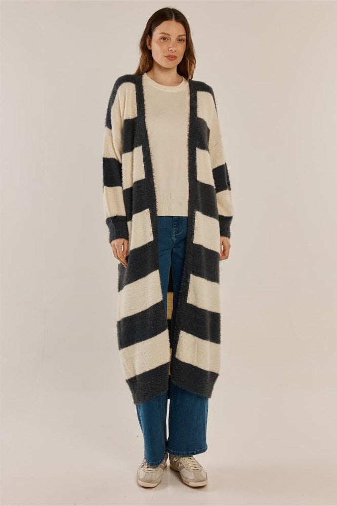 Betty Basics Franca Long Knit Cardigan (Navy/White Stripe)