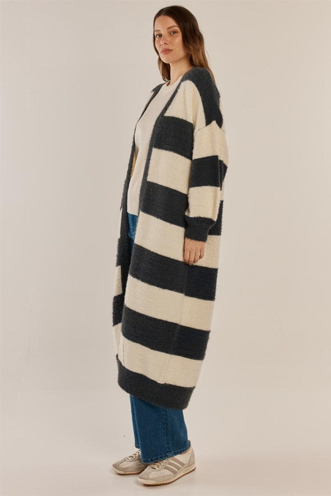 Betty Basics Franca Long Knit Cardigan (Navy/White Stripe)