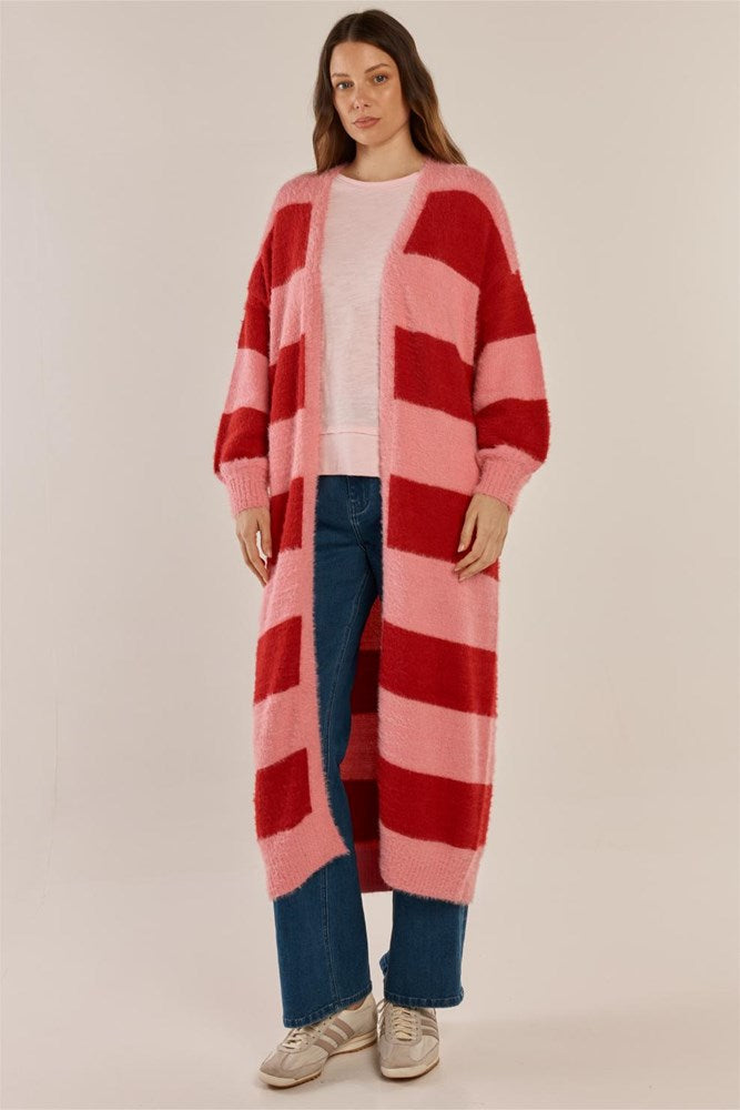 Image of a model wearing Outerwear. Product name - Franca Long Knit Cardigan Red/Pink Stripe in Red/Pink Stripe colour by brand - Betty Basics