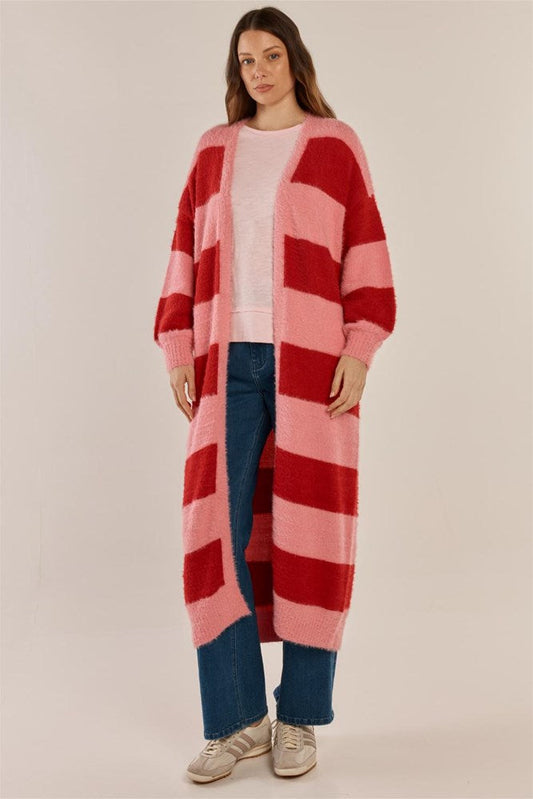 Image of a model wearing Outerwear. Product name - Franca Long Knit Cardigan Red/Pink Stripe in Red/Pink Stripe colour by brand - Betty Basics