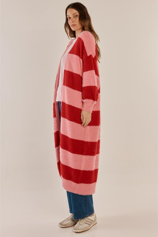 Betty Basics Franca Long Knit Cardigan (Red/Pink Stripe)
