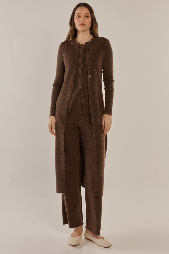 Image of a model wearing Outerwear. Productname: Betty Basics Nash Knit Long Cardigan Espresso in Espresso colour by brand - Betty Basics