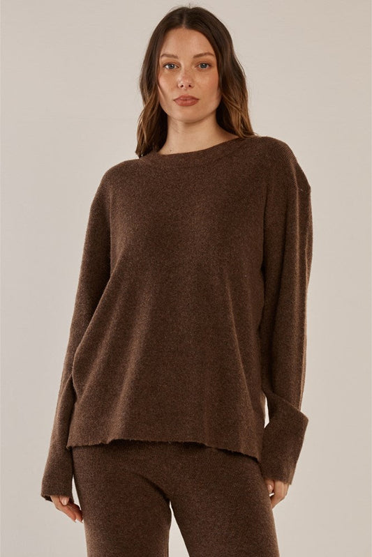 Image of a model wearing Outerwear. Productname: Betty Basics Ruby Knit Sweater Espresso in Espresso colour by brand - Betty Basics