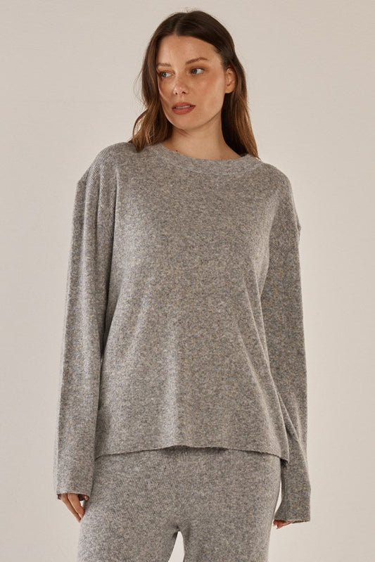 Image of a model wearing Outerwear. Productname: Betty Basics Ruby Knit Sweater Grey Marle in Grey Marle colour by brand - Betty Basics