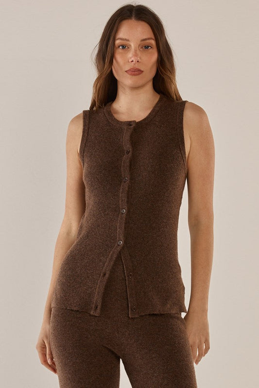 Image of a model wearing Tops. Productname: Betty Basics Shona Knit Vest Espresso in Espresso colour by brand - Betty Basics