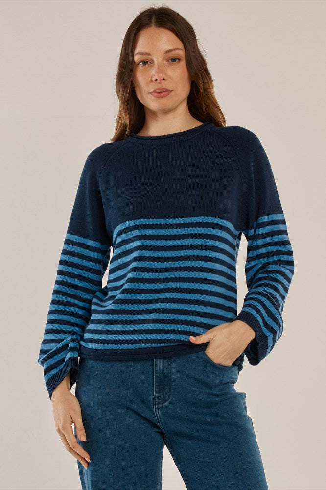 Image of a model wearing Outerwear. Product name - Carrie Knit Jumper Blue Stripe in Blue Stripe colour by brand - Betty Basics