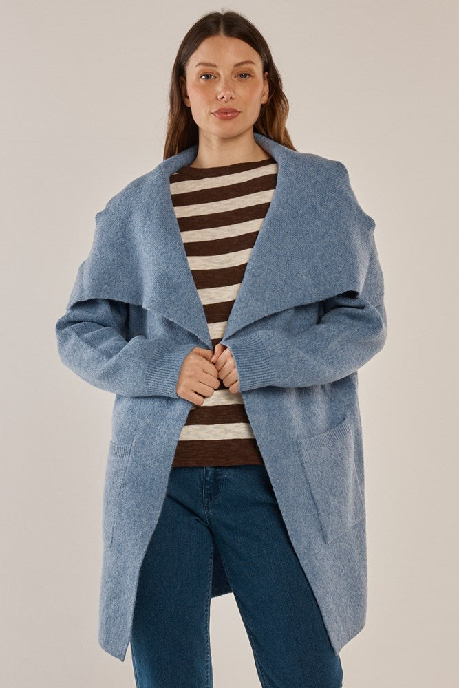 Image of a model wearing Outerwear. Product name - Abigail Cardigan Cornflower Blue in Cornflower Blue colour by brand - Betty Basics