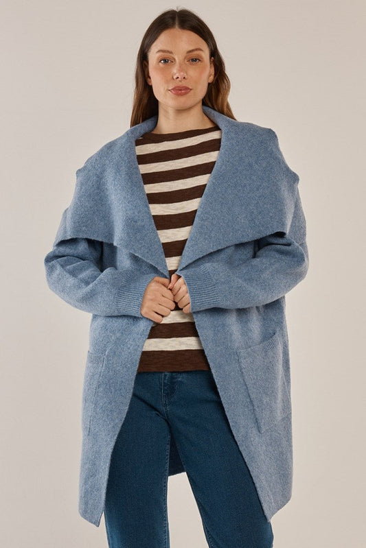 Image of a model wearing Outerwear. Product name - Abigail Cardigan Cornflower Blue in Cornflower Blue colour by brand - Betty Basics