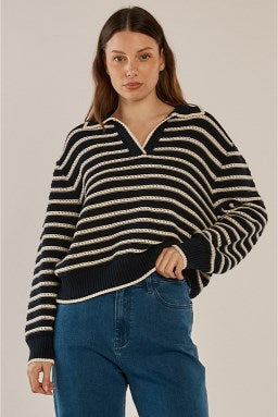 Image of a model wearing Outerwear. Productname: Betty Basics Aberdeen Polo Knit Sweater Navy Stripe in Navy Stripe colour by brand - Betty Basics