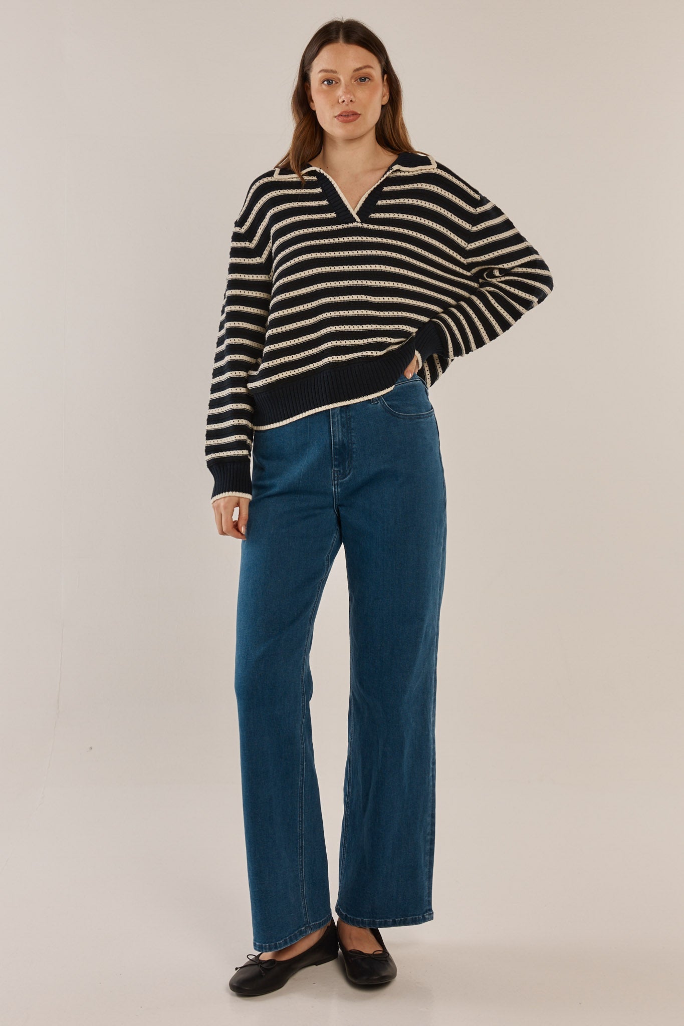 Betty Basics Aberdeen Polo Knit Sweater (Navy Stripe)