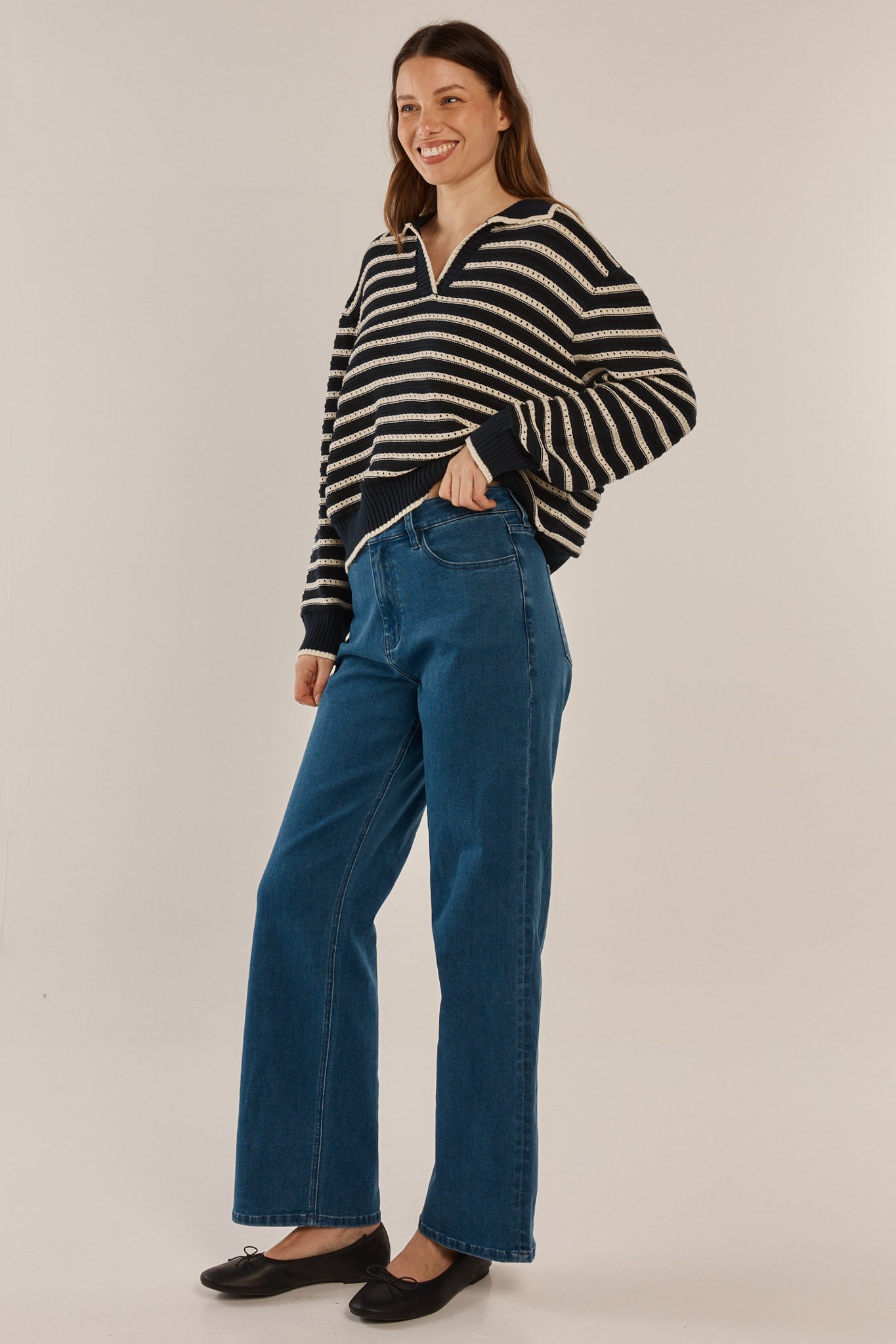 Betty Basics Aberdeen Polo Knit Sweater (Navy Stripe)