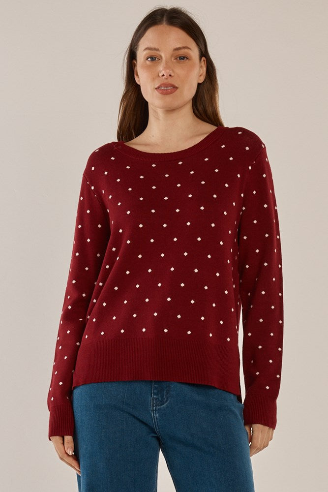 Image of a model wearing Outerwear. Productname: Betty Basics Louis Sweater Burgundy Jacquard in Burgandy Jacquard colour by brand - Betty Basics