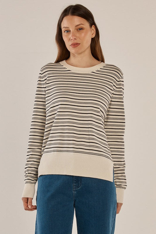 Image of a model wearing Outerwear. Productname: Betty Basics Louis Sweater Cream/Black Stripe in Cream/Black Stripe colour by brand - Betty Basics