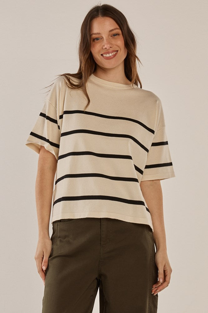 Image of a model wearing Tops. Productname: Betty Basics Bailey Boxy Top Cream/Liquorice in Cream/Liquorice colour by brand - Betty Basics