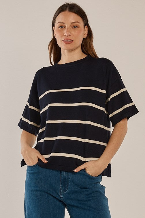 Image of a model wearing Tops. Productname: Betty Basics Bailey Boxy Top Navy/Cream in Navy/Cream colour by brand - Betty Basics