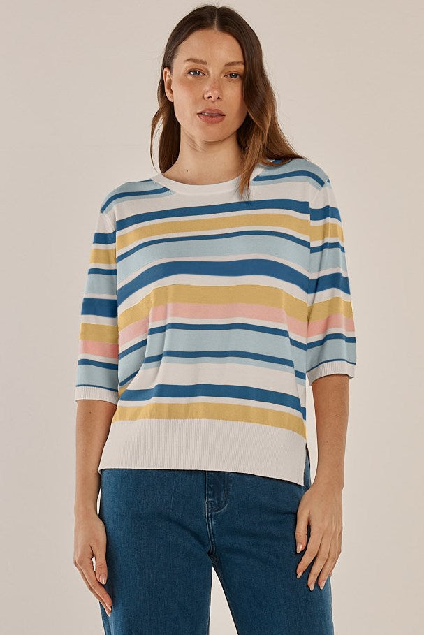 Image of a model wearing Outerwear. Productname: Isla Short Sleeve Sweater in Coastal Blue Stripe colour by brand - Betty Basics