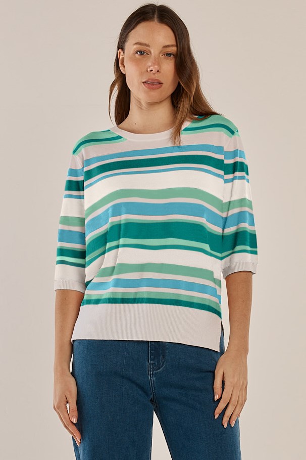 Image of a model wearing Outerwear. Productname: Isla Short Sleeve Sweater in Green Hue Stripe colour by brand - Betty Basics