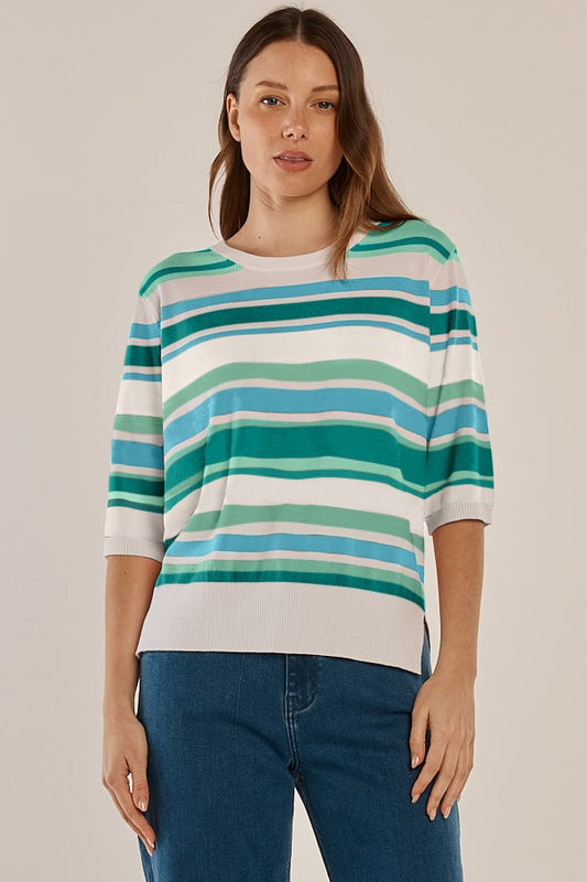 Image of a model wearing Outerwear. Productname: Isla Short Sleeve Sweater in Green Hue Stripe colour by brand - Betty Basics