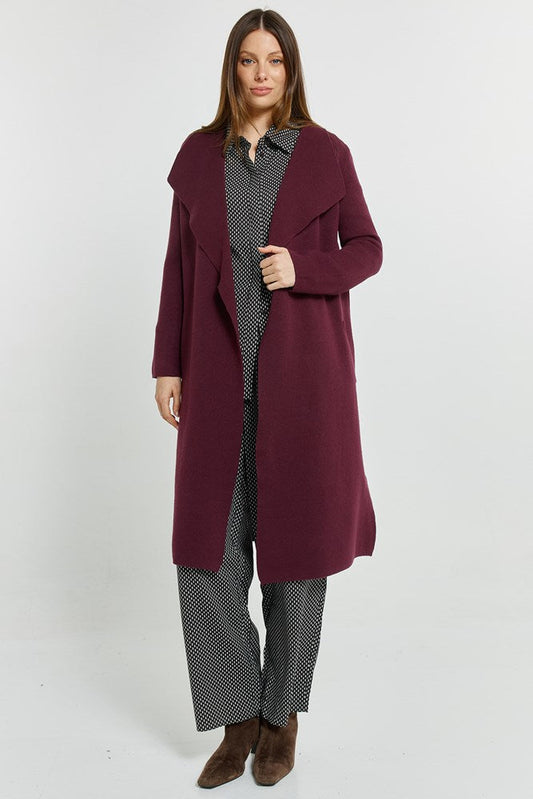 Image of a model wearing Outerwear. Product name - Lana Coatigan Wine in Wine colour by brand - Betty Basics