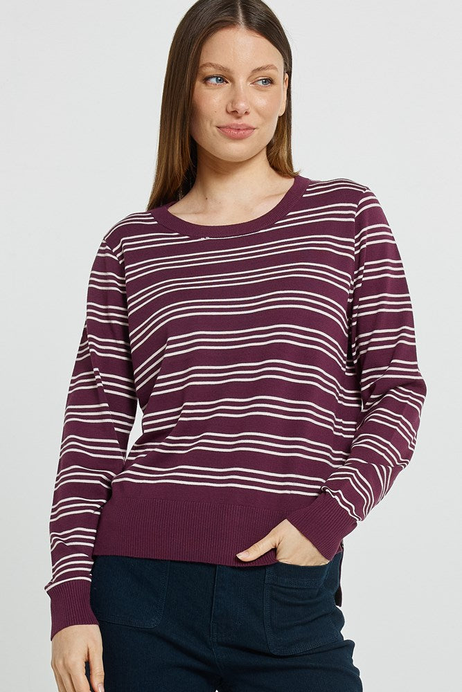 Image of a model wearing Outerwear. Product name - Lenore Sweater Wine/Pink Stripe in Wine/Pink Stripe colour by brand - Betty Basics