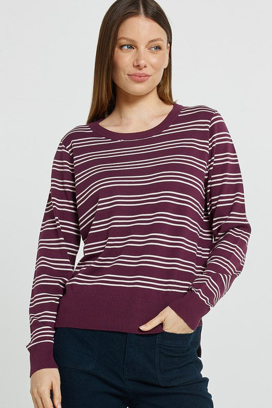 Image of a model wearing Outerwear. Product name - Lenore Sweater Wine/Pink Stripe in Wine/Pink Stripe colour by brand - Betty Basics