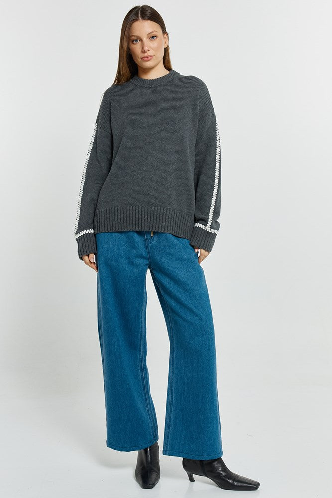 Betty Basics Contrast Stitch Sweater (Charcoal)