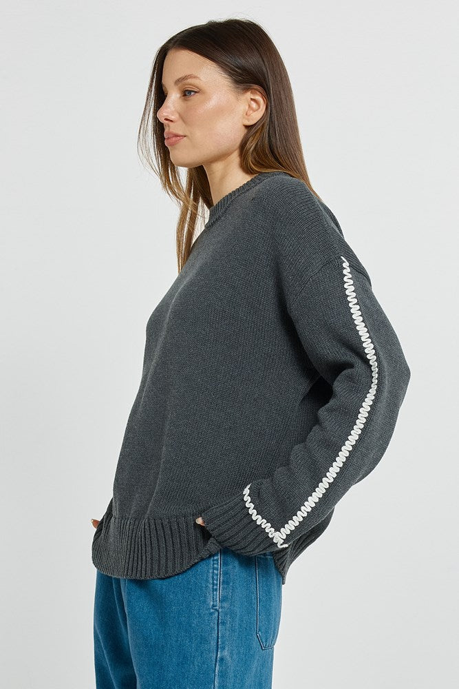 Betty Basics Contrast Stitch Sweater (Charcoal)