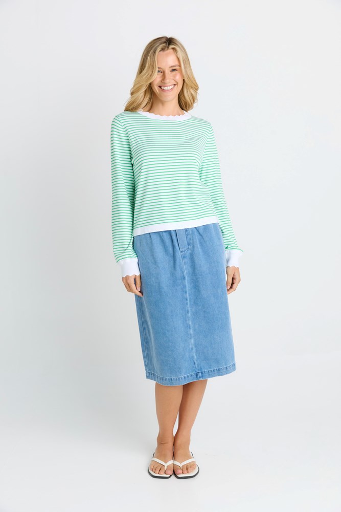 Betty Basics Scallop Knit Sweater (Green Stripe)