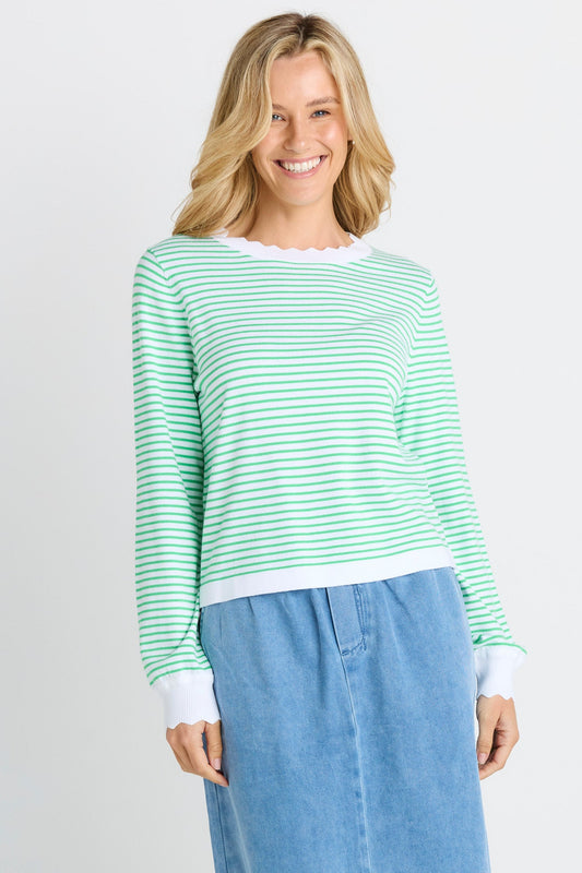 Betty Basics Scallop Knit Sweater (Green Stripe)
