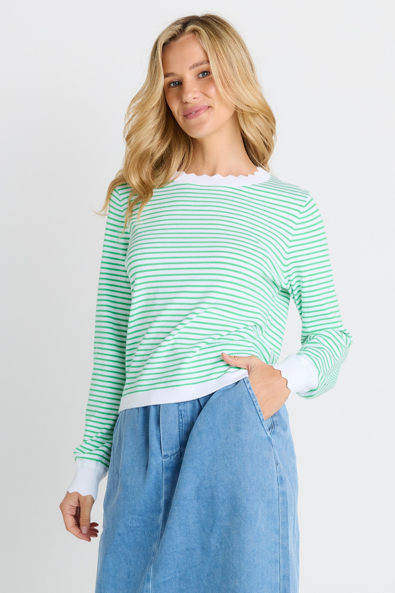 Betty Basics Scallop Knit Sweater (Green Stripe)