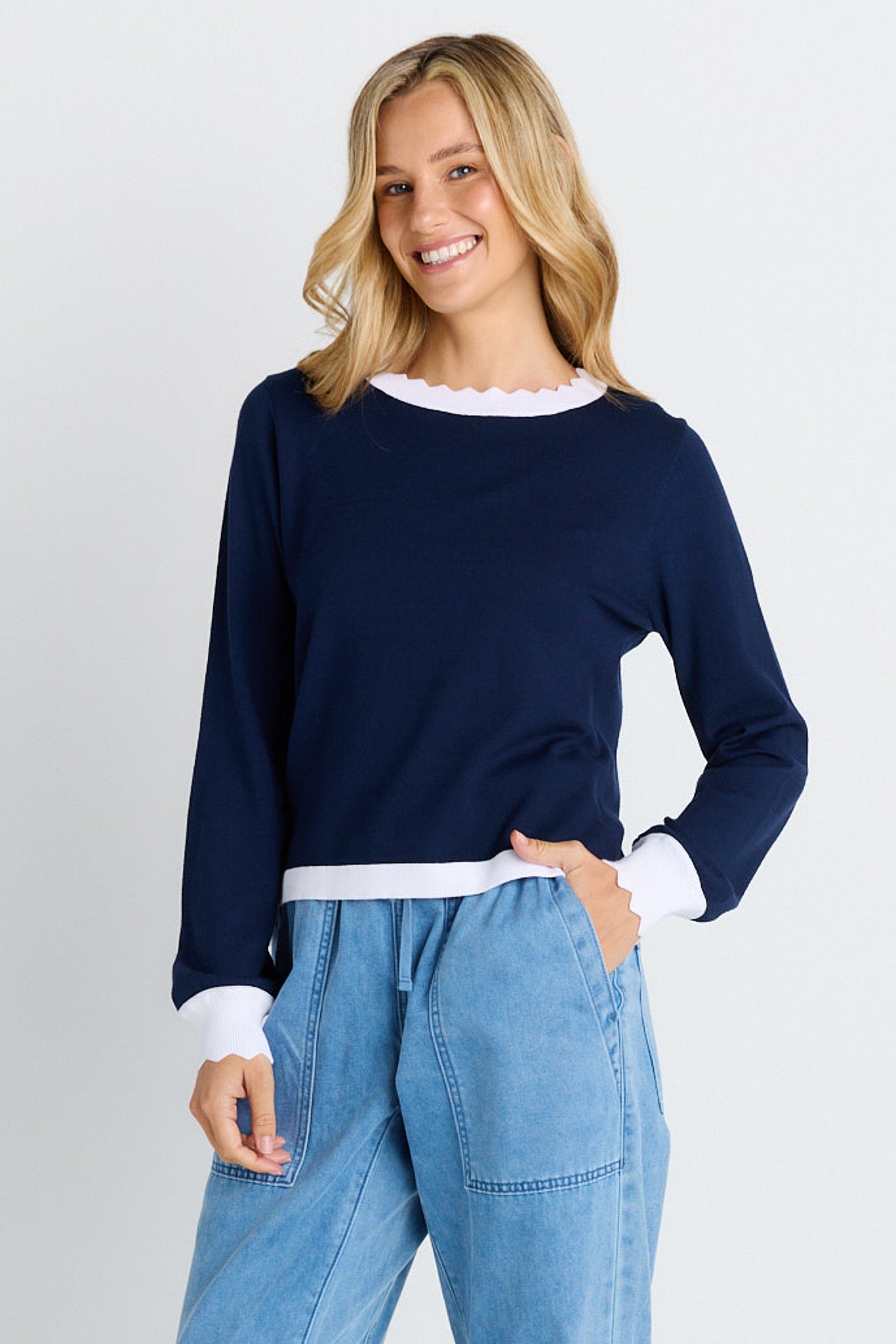Betty Basics Scallop Knit Sweater (Navy)