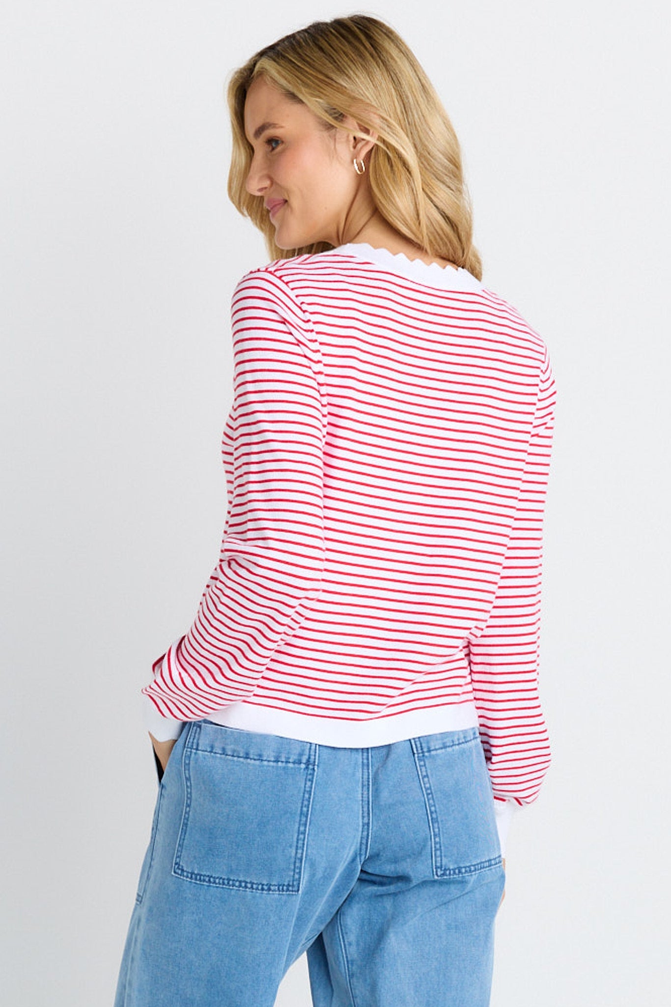 Betty Basics Scallop Knit Sweater (Red Stripe)