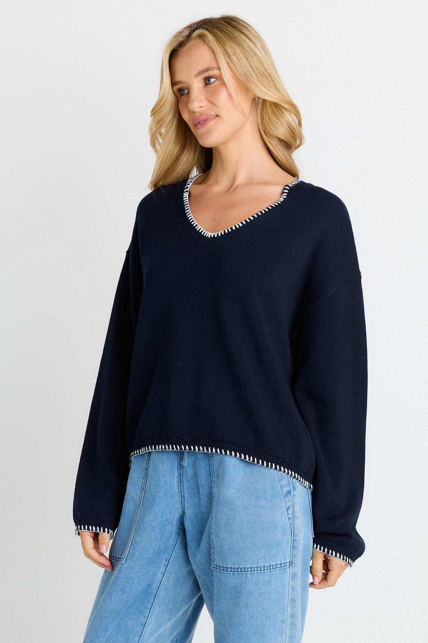 Betty Basics Ascot Stitch Sweater (Navy)