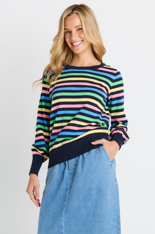 Image of a model wearing Outerwear. Product name - Indie Knit Sweater Rainbow Stripe in Rainbow Stripe colour by brand - Betty Basics