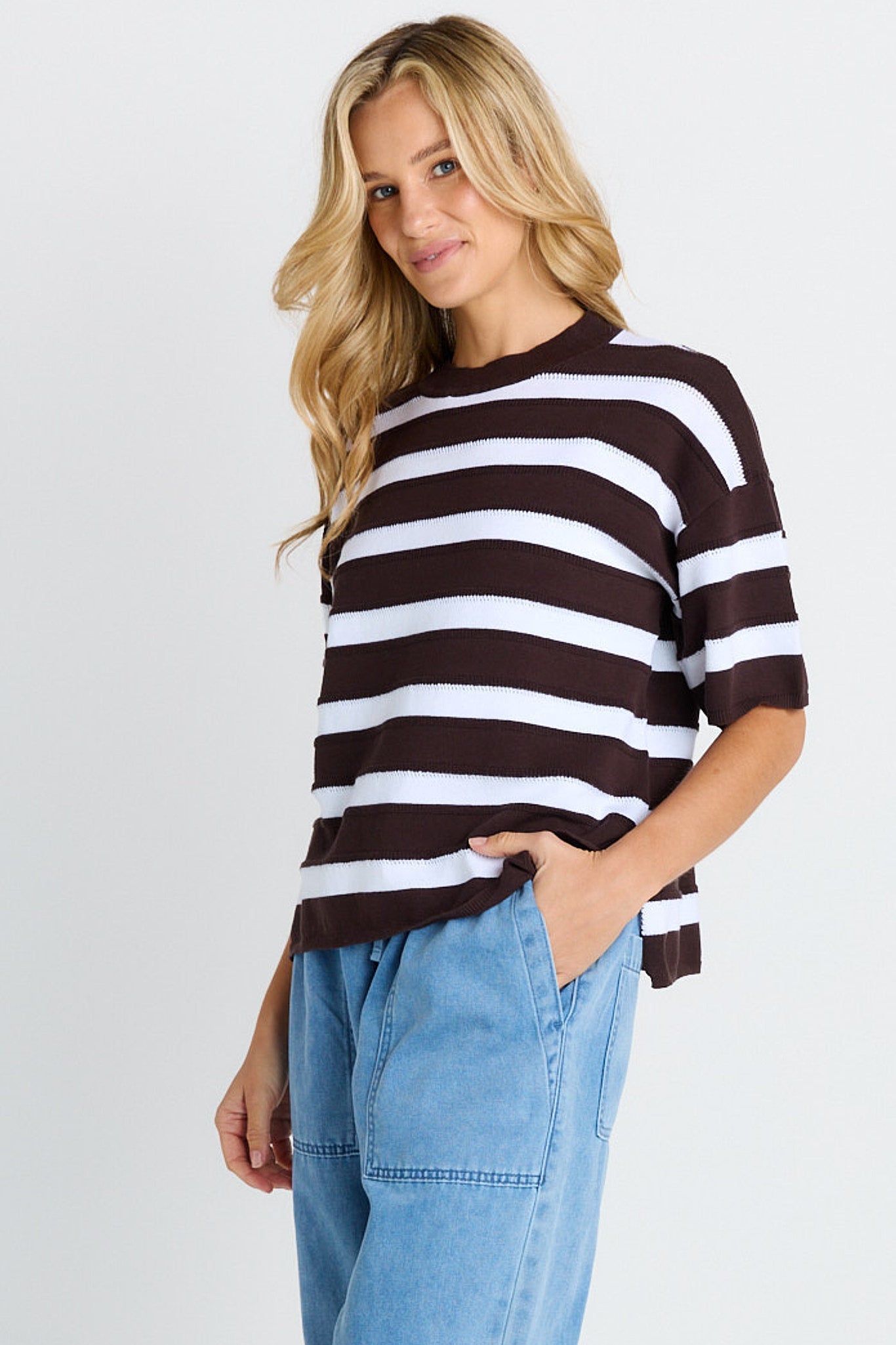 Betty Basics Libby Boxy Top (Chocolate Stripe)