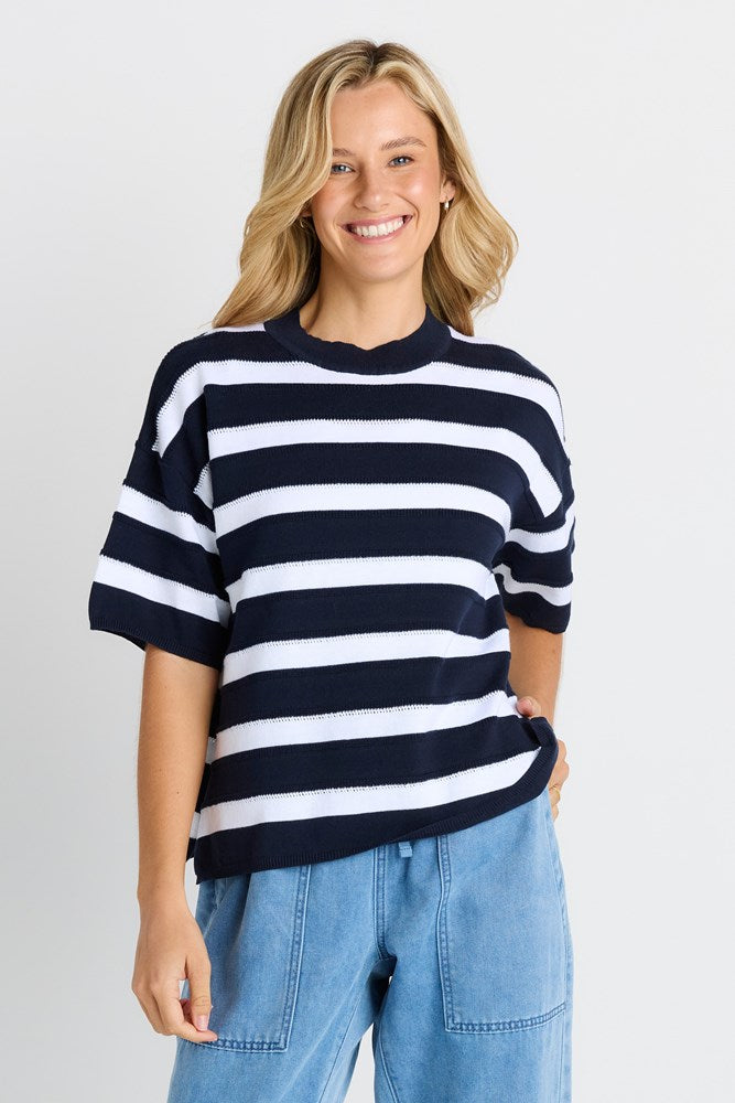 Image of a model wearing Tops. Product name - Libby Boxy Top in Navy Stripe colour by brand - Betty Basics